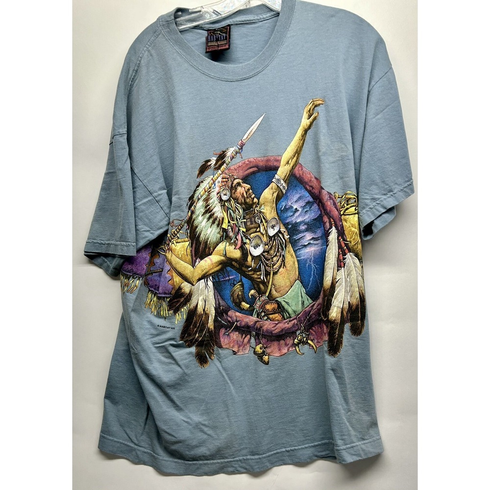 Vintage Habitat Mens Large Native American Blue Cotton T-Shirt (C8)